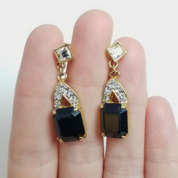Vintage Black Rhinestone Stud Dangle Earrings, Retro Elegance, Gold Tone Setting - Picture 6 of 6